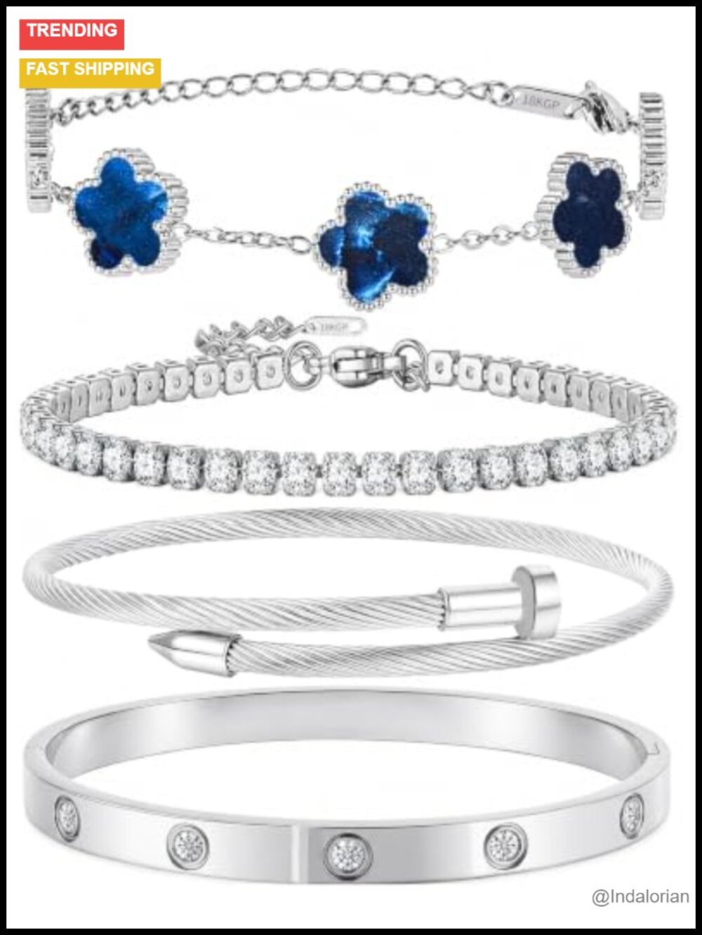 Stainless Steel 4Pc Stackable Bangle Bracelet Set Flower Tennis Cable